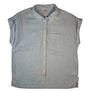 Orvis Linen Blend Button Front Cap Sleeve Shirt Blue Sz M Relaxed Coastal
